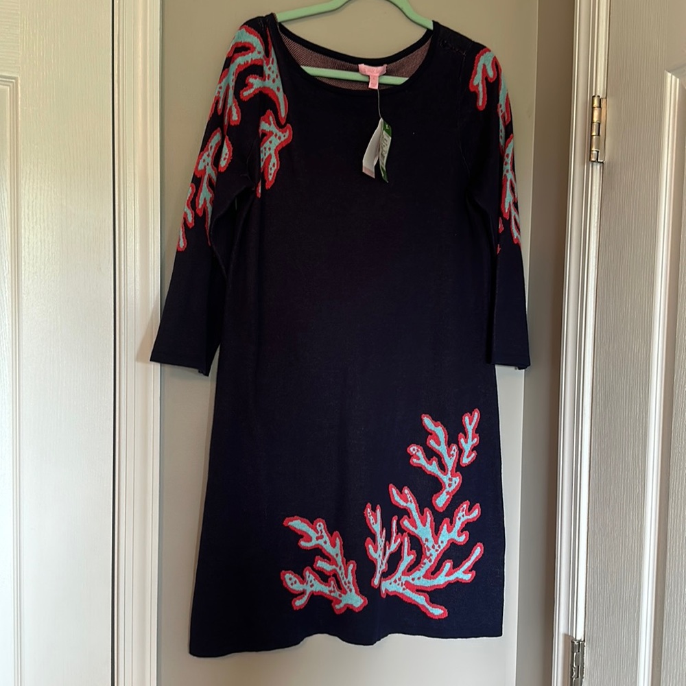 lilly pulitzer blue with coral accents long sleeve sweater dress